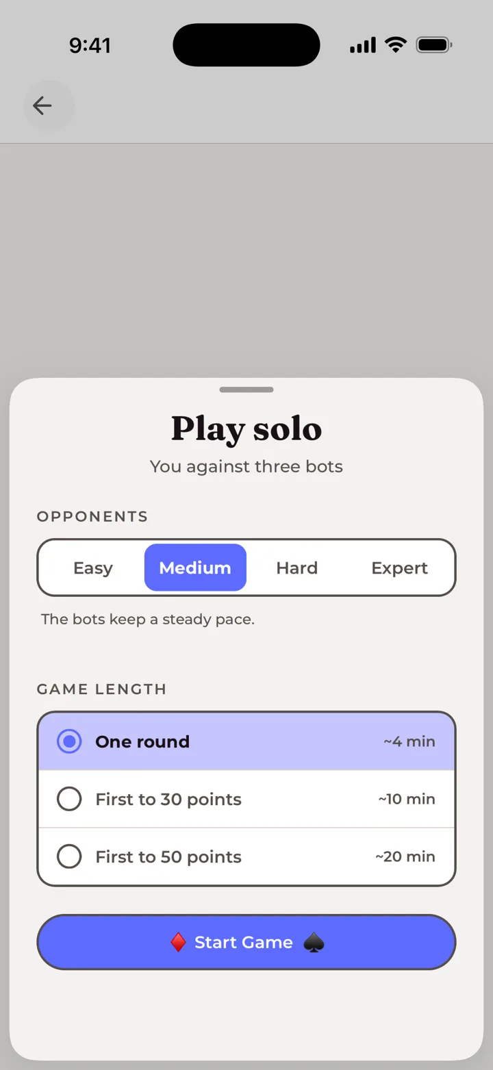 Choosing bot difficulty and game length